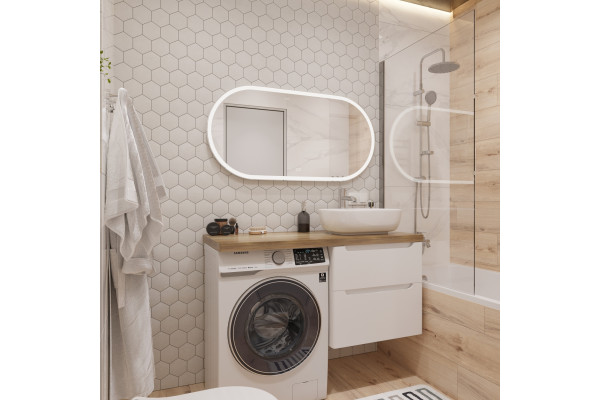 Тумба с раковиной STWORKI Берген 60 белая со светлой столешницей 122, Moduo 50 Square, L, подвесная, с ящиками