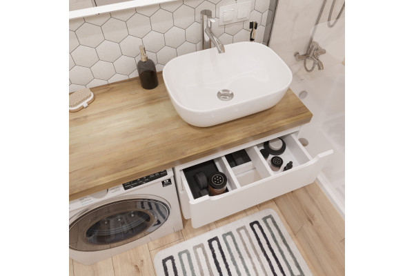 Тумба с раковиной STWORKI Берген 60 белая со светлой столешницей 122, Moduo 50 Square, L, подвесная, с ящиками