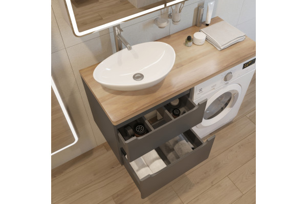 Тумба с раковиной STWORKI Берген 60 серая со светлой столешницей 122, Moduo 55 Leaf, R, подвесная, с ящиками