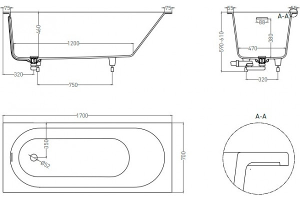Ванна из искусственного камня Salini Ornella Kit S-Stone 170x70, матовая, прямоугольная, встраиваемая