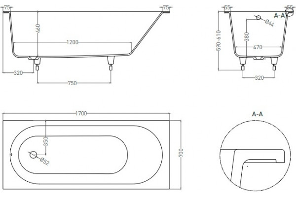 Ванна из искусственного камня Salini Ornella S-Sense 170x70, глянцевая, прямоугольная, встраиваемая