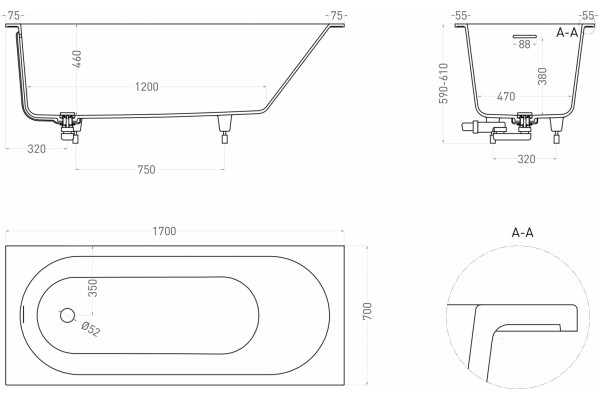 Ванна из искусственного камня Salini Ornella Kit S-Sense 170х70, глянцевая, прямоугольная, встраиваемая