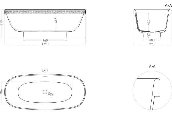 Ванна из искусственного камня Salini Greca Meander S-Stone 180x80, белая матовая, овальная, отдельностоящая
