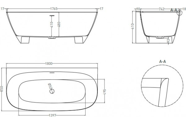 Ванна из искусственного камня Salini Sofia Wall S-Sense 180x85, глянцевая, прямоугольная, пристенная