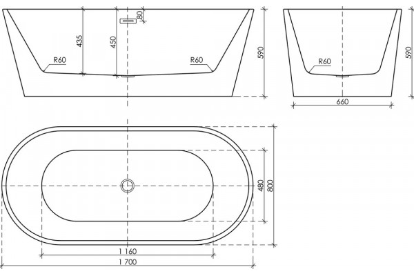 Акриловая ванна Sancos Mimi FB01 170x80 овальная, отдельностоящая, объем 370 л.