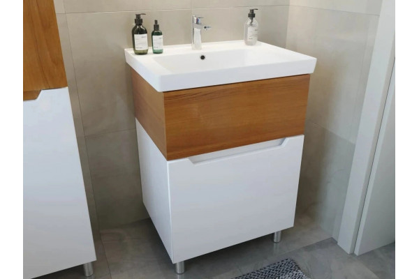 Тумба с раковиной Sanstar Valencia 60, напольная, орех ноче эко, белый, с ящиками, ручки хром
