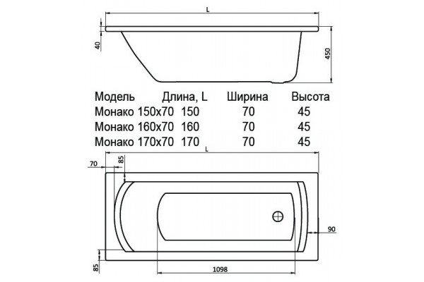 Акриловая ванна Santek Монако (150 см) пристенная, прямоугольная, объем 190 л.