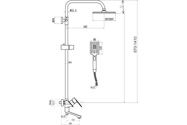 Душевая стойка Savol S-600708-1 хром, штанга 155 см, шланг 150 см