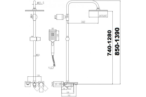 Душевая стойка Savol S-601144-1 хром, штанга 157.5 см, шланг 150 см