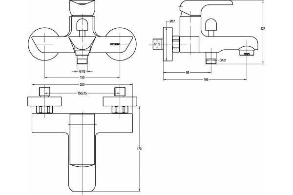 Смеситель Swedbe Iris 2230 для ванны с душем, однорычажный, хром
