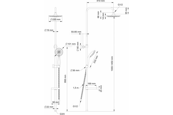 Душевая стойка Swedbe Calypso 5072 хром, штанга 159 см, шланг металлический 150 см