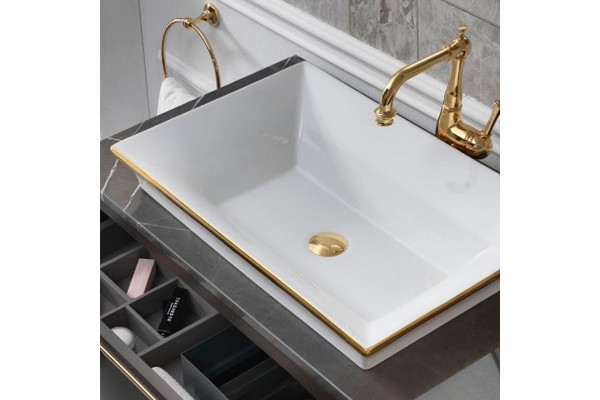 Раковина MANATARES GLOSSY GLOSSY WHITE INSIDE AND SATIN GOLD RIM Terzofoco 0403GR для установки на столешницу, размер 615*420*140 мм, цвет GLOSSY WHITE INSIDE AND SATIN GOLD RIM