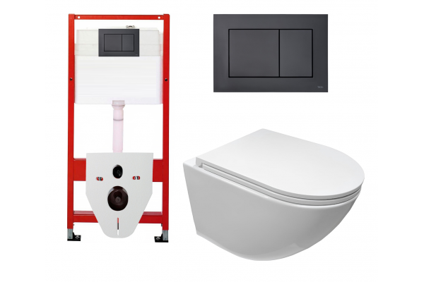 Комплект 3 в 1 инсталляция Tece Base K440407 + Подвесной унитаз Cerutti Spa Sella aria CT7183 с кнопкой черной квадрат в стиле hi-tech