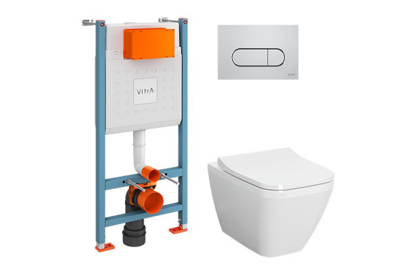 Комплект Vitra: инсталляция + подвесной безободковый унитаз Integra Square + тонкое сиденье МЛ/БС + панель смыва хром глянец