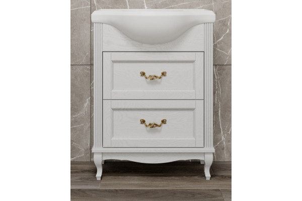 Тумба для комплекта ValenHouse Эллина 65 белая, 2 ящика, ручки золото, напольная, с доводчиками