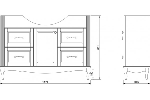 Тумба для комплекта ValenHouse Эллина 120 белая, 4 ящика, 1 дверца, ручки хром, напольная, с доводчиками