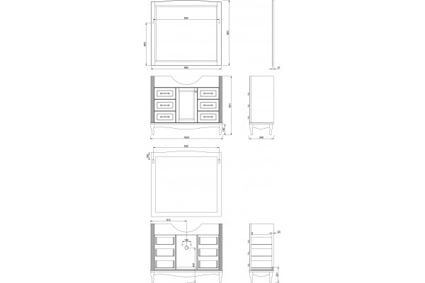 Тумба с раковиной ValenHouse Эллина 105 белая, 6 ящиков, 1 дверца, ручки хром, напольная, с доводчиками