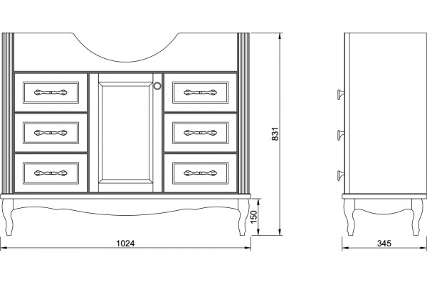 Тумба для комплекта ValenHouse Эллина 105 белая, 6 ящиков, 1 дверца, ручки хром, напольная, с доводчиками
