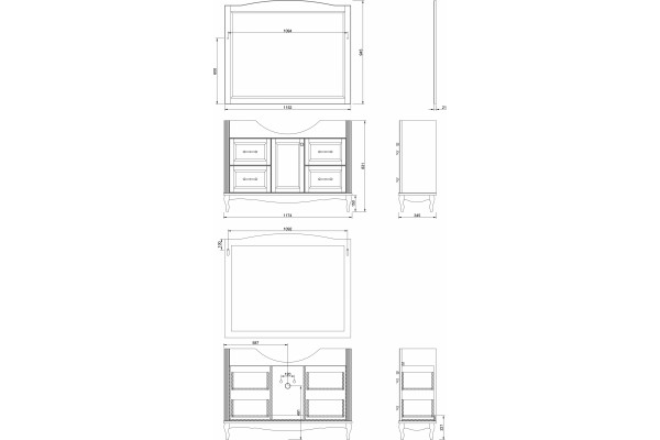 Тумба с раковиной ValenHouse Эллина 120 белая, 4 ящика, 1 дверца, ручки бронза, напольная, с доводчиками