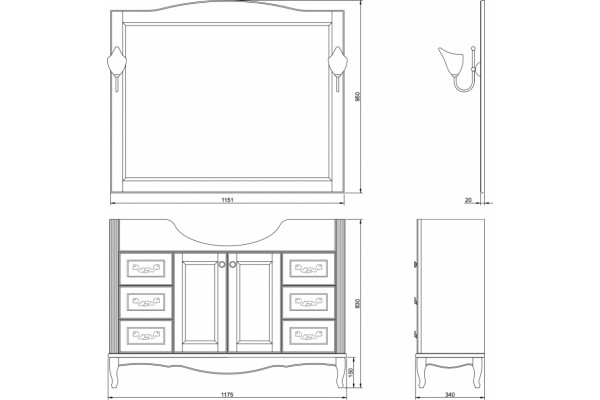 Мебель для ванной ValenHouse Эллина 120 кальяри, фурнитура золото, напольная, с подсветкой