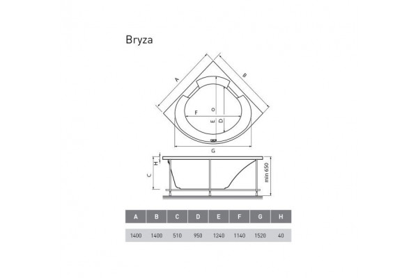 Акриловая ванна Vayer Bryza 140х140 четверть круга, пристенная, объем 480 л.