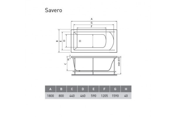 Акриловая ванна Vayer Savero 180х80 прямоугольная, пристенная, объем 215 л.