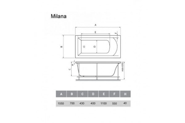 Акриловая ванна Vayer Milana 155х70 прямоугольная, пристенная, объем 160 л.