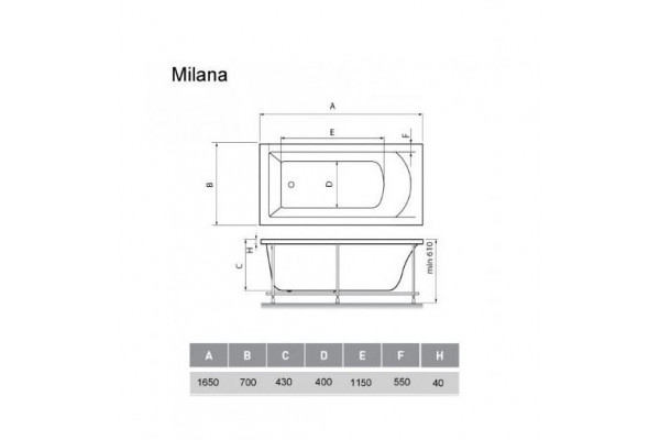 Акриловая ванна Milana 165х70 прямоугольная, пристенная, объем 165 л.