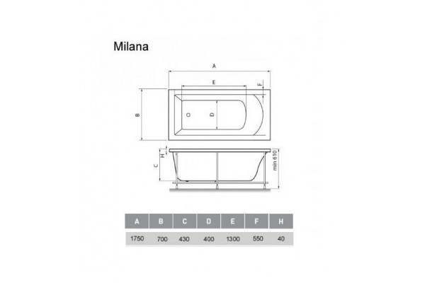 Акриловая ванна Vayer Milana 175х70 прямоугольная, пристенная, объем 200 л.