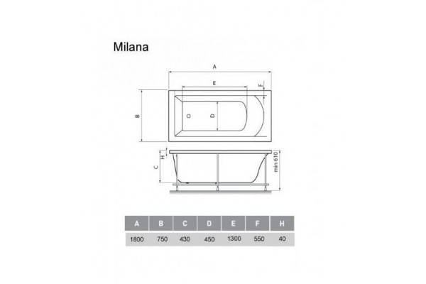 Акриловая ванна Milana 180х75 прямоугольная, пристенная, объем 210 л.