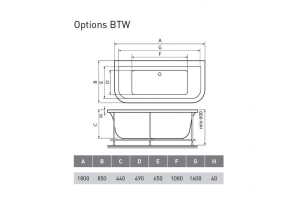Акриловая ванна Vayer Options BTW 180х85 прямоугольная, пристенная