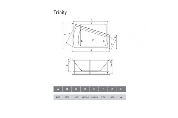 Акриловая ванна Vayer Trinity 160х120 R асимметричная, пристенная, объем 370 л.