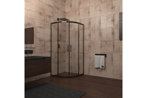 Душевой уголок Veconi Rovigo 80x80х195 профиль черный, стекло прозрачное, четверть круга, двери раздвижные