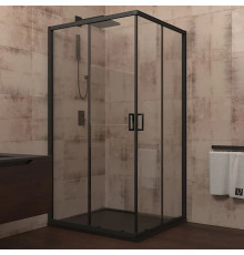 Душевой уголок Veconi Rovigo 100x100х195 профиль черный, стекло прозрачное, квадратный, двери раздвижные