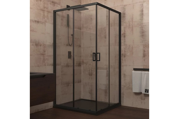 Душевой уголок Veconi Rovigo 100x100х195 профиль черный, стекло прозрачное, квадратный, двери раздвижные