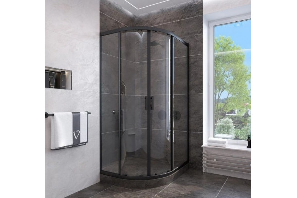 Душевой уголок Veconi Rovigo 80x80х190 профиль черный, стекло прозрачное, четверть круга, двери раздвижные