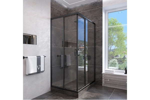 Душевой уголок Veconi Rovigo 80x80х185 профиль черный, стекло прозрачное, квадратный, двери раздвижные