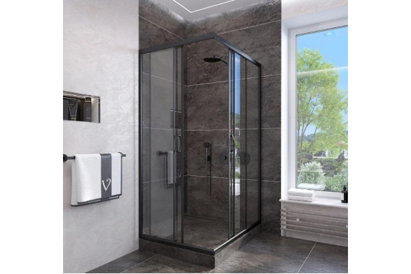 Душевой уголок Veconi Rovigo 80x80х185 профиль черный, стекло прозрачное, квадратный, двери раздвижные