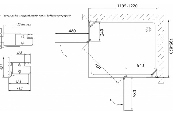 Душевой уголок Vegas Glass AFA-F 120*80 09 01 R профиль золото, стекло прозрачное, прямоугольный, двери распашные