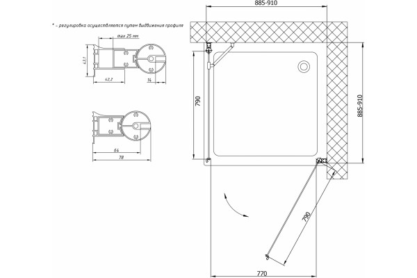 Душевой уголок Vegas Glass EP-Fis 0090 09 01 R профиль золото, стекло прозрачное, квадратный, двери распашные