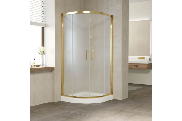 Душевой уголок Vegas Glass ZS 0100 09 10 профиль золото, стекло сатин, четверть круга, двери раздвижные