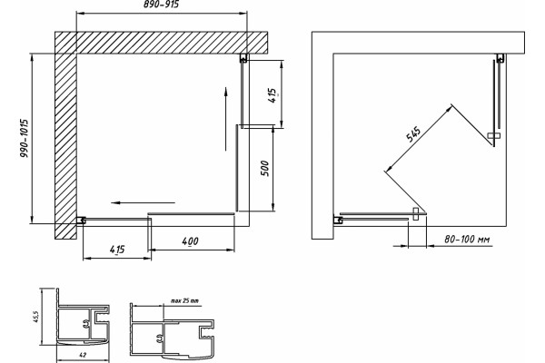 Душевой уголок Vegas Glass ZA-F Novo 100*90 07 01 профиль матовый хром, стекло прозрачное, прямоугольный, двери раздвижные