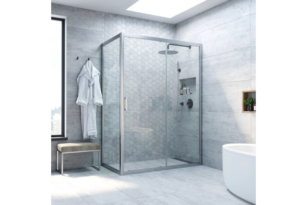 Душевой уголок Vegas Glass ZP+ZPV NOVO 130*90 07 01 профиль матовый хром, стекло прозрачное, прямоугольный, двери раздвижные