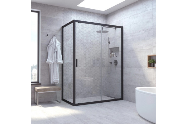 Душевой уголок Vegas Glass ZP+ZPV NOVO 120*100 02М 01 профиль черный матовый, стекло прозрачное, прямоугольный, двери раздвижные