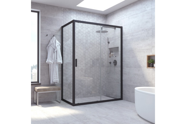Душевой уголок Vegas Glass ZP+ZPV NOVO 100*90 02М 01 профиль черный матовый, стекло прозрачное, прямоугольный, двери раздвижные