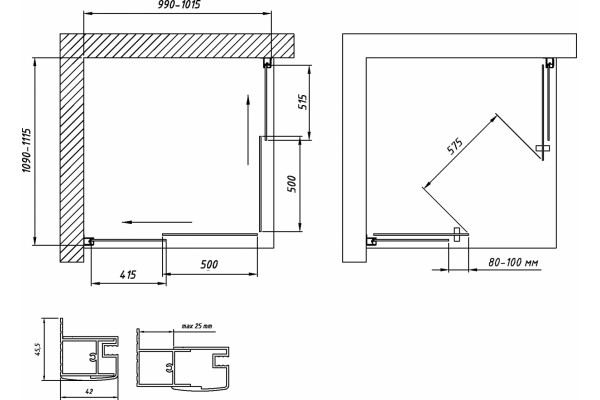 Душевой уголок Vegas Glass ZA-F Novo 110*100 07 01 профиль матовый хром, стекло прозрачное, прямоугольный, двери раздвижные