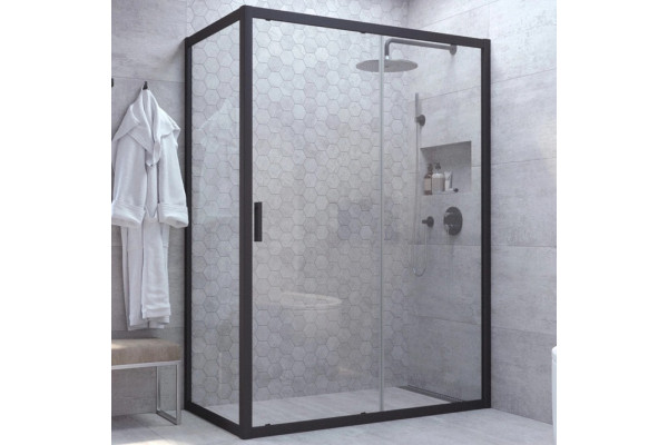 Душевой уголок Vegas Glass ZP+ZPV NOVO 100*80 02М 01 профиль черный матовый, стекло прозрачное, прямоугольный, двери раздвижные