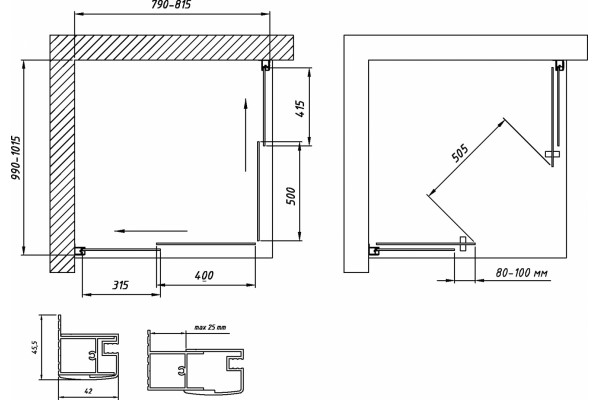 Душевой уголок Vegas Glass ZA-F Novo 100*80 07 01 профиль матовый хром, стекло прозрачное, прямоугольный, двери раздвижные