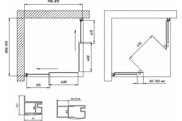 Душевой уголок Vegas Glass ZA-F Novo 90*80 01 10 профиль белый, стекло сатин, прямоугольный, двери раздвижные