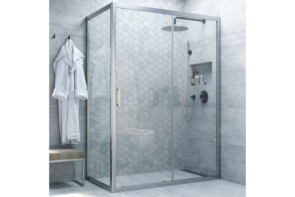 Душевой уголок Vegas Glass ZP+ZPV NOVO 140*100 07 01 профиль матовый хром, стекло прозрачное, прямоугольный, двери раздвижные